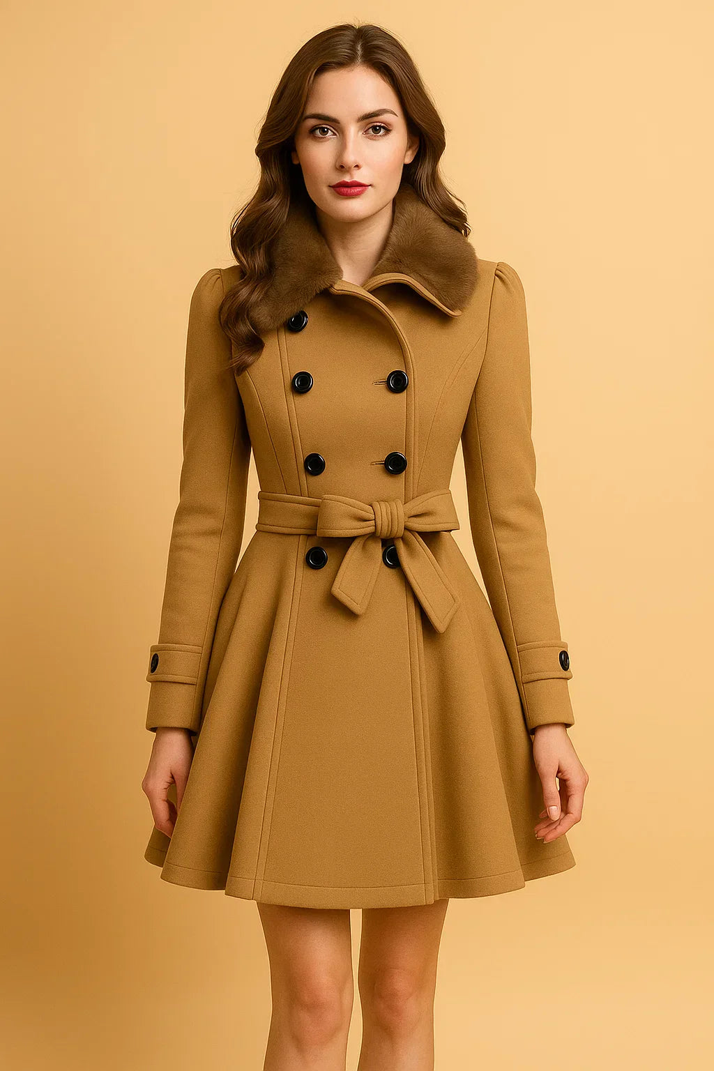 Gurtet A-Linie Mantel | Faux Fur Kragen