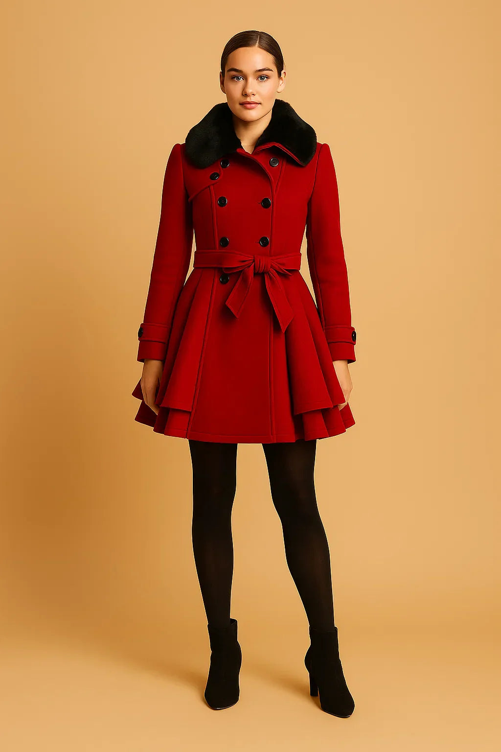 Gurtet A-Linie Mantel | Faux Fur Kragen