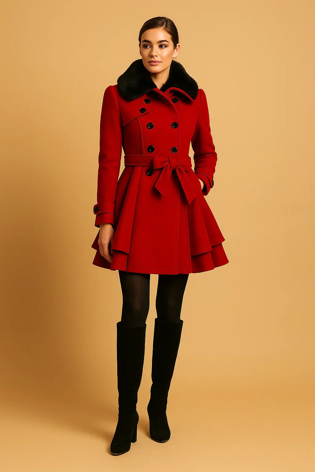 Gurtet A-Linie Mantel | Faux Fur Kragen