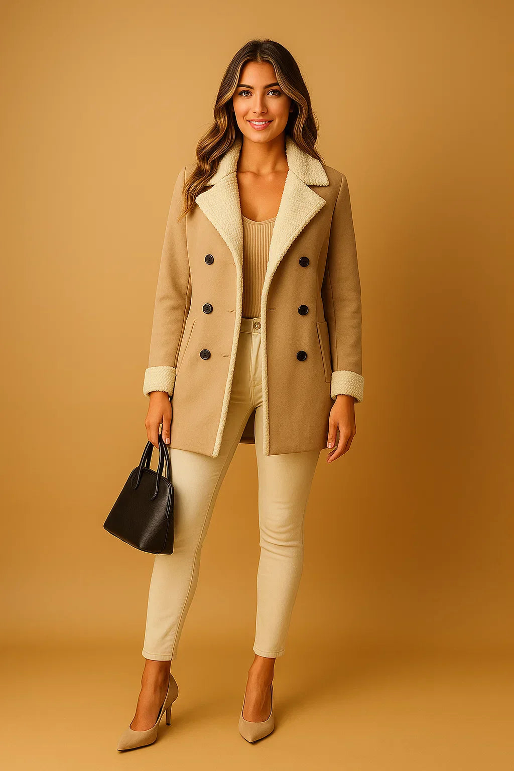 Doppelreihiger Mantel aus Wollmischung | Shearling Kragen | Winter Oberbekleidung