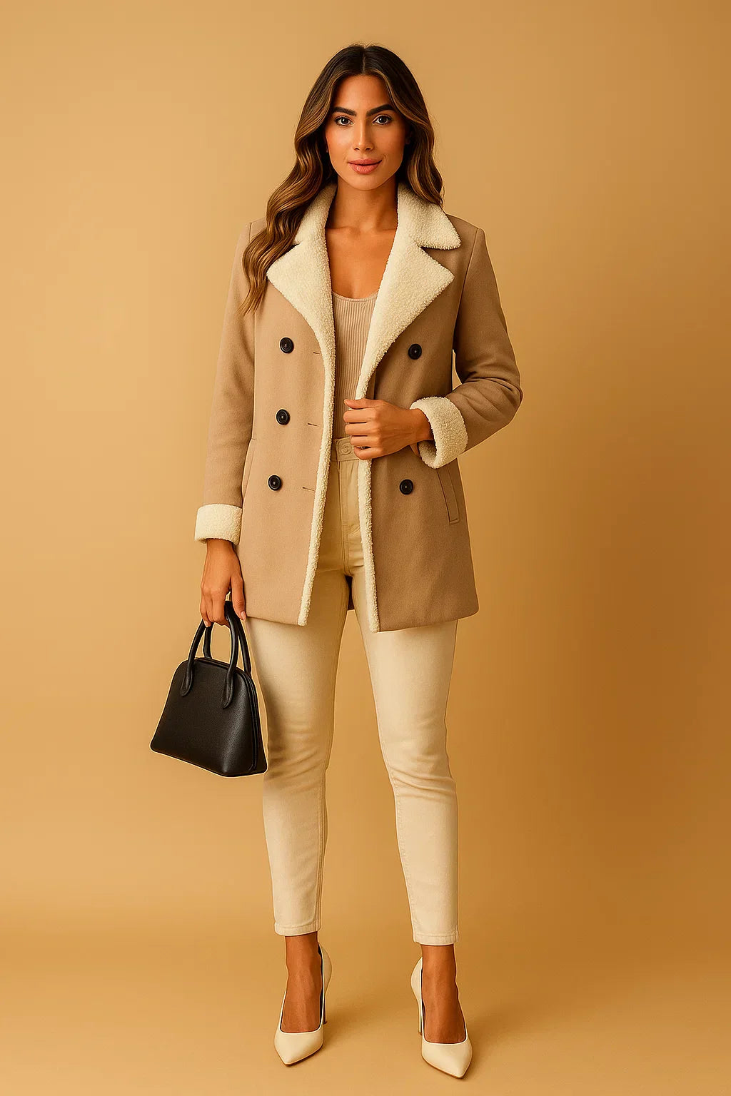 Doppelreihiger Mantel aus Wollmischung | Shearling Kragen | Winter Oberbekleidung