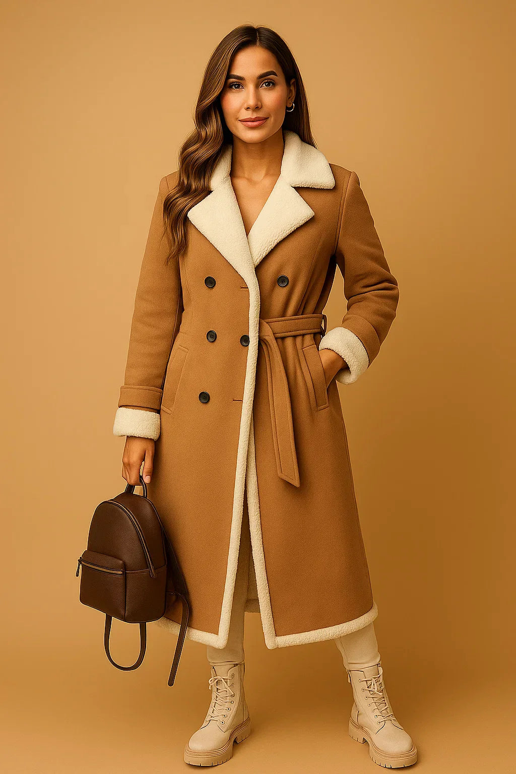 Doppelreihiger Mantel aus Wollmischung | Shearling Kragen | Winter Oberbekleidung