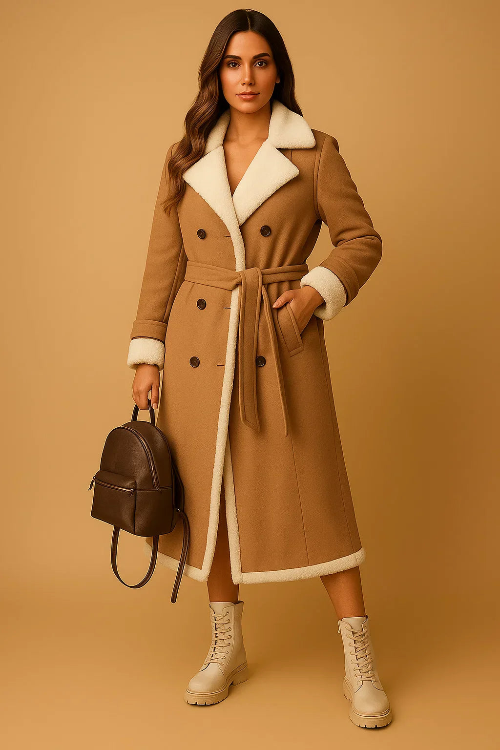 Doppelreihiger Mantel aus Wollmischung | Shearling Kragen | Winter Oberbekleidung
