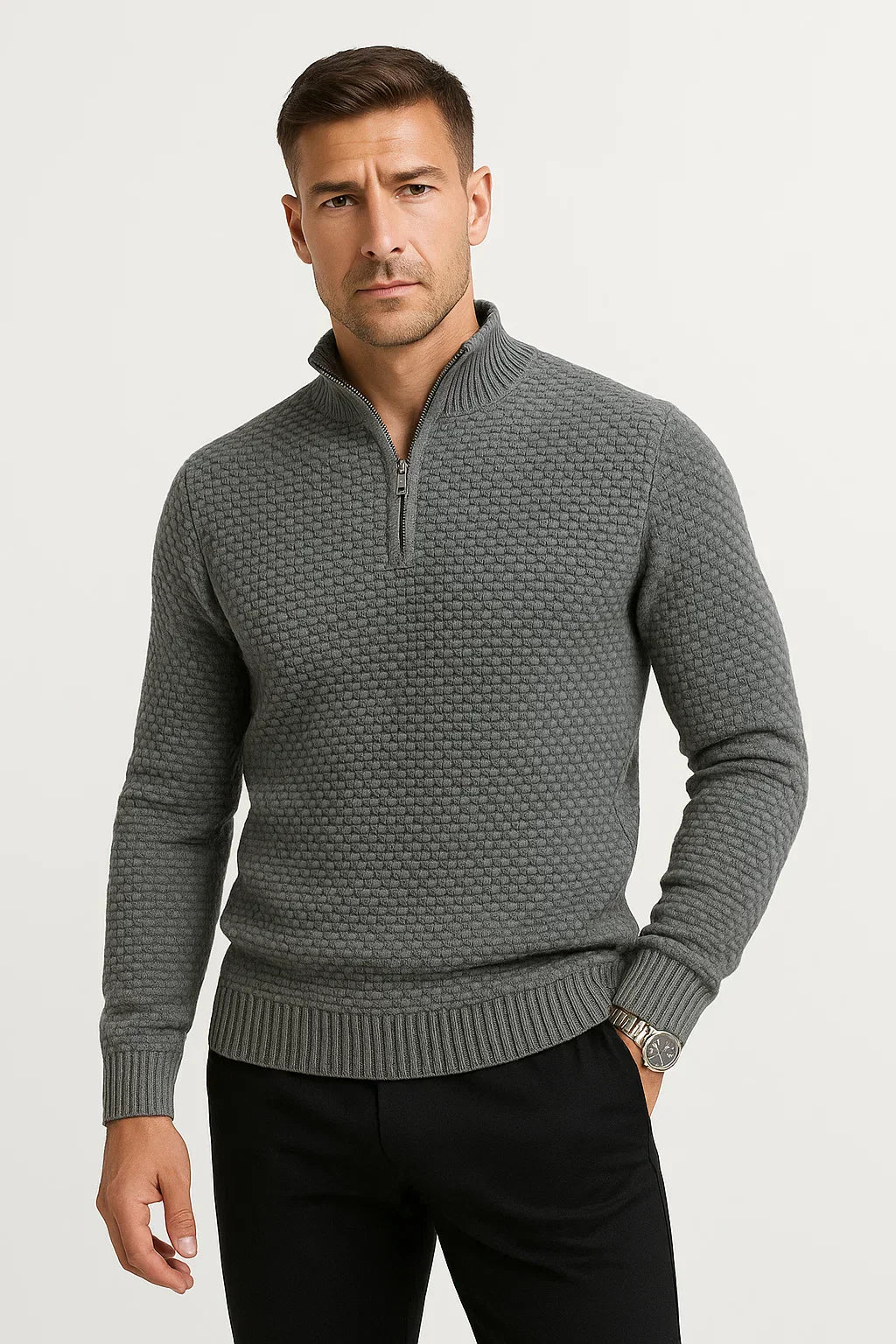 Waffle Quarter-Zip Pullover | Dunkelgrau | Modern Smart-Casual
