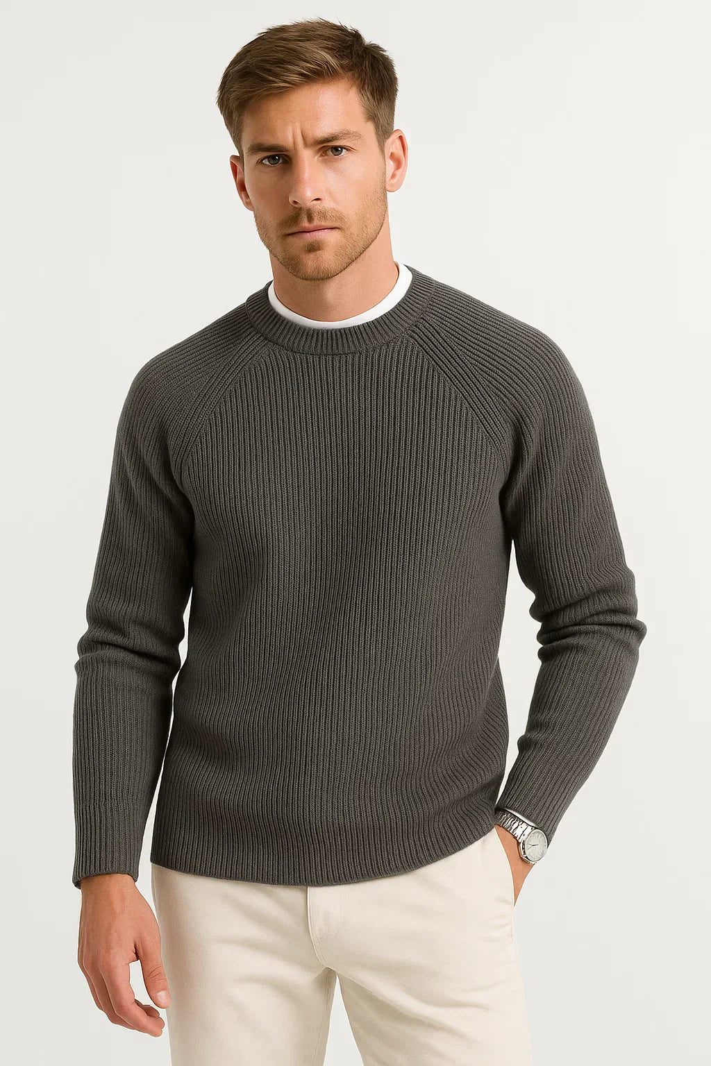 Merino Wolle Sweater | Raglan O-Neck | Smart Casual Strick