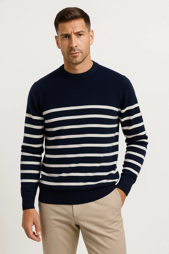 Wollpullover | Navy Streifen Strick | Klassischer O-Ausschnitt
