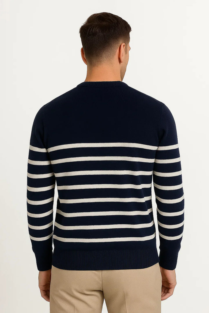 Wollpullover | Navy Streifen Strick | Klassischer O-Ausschnitt