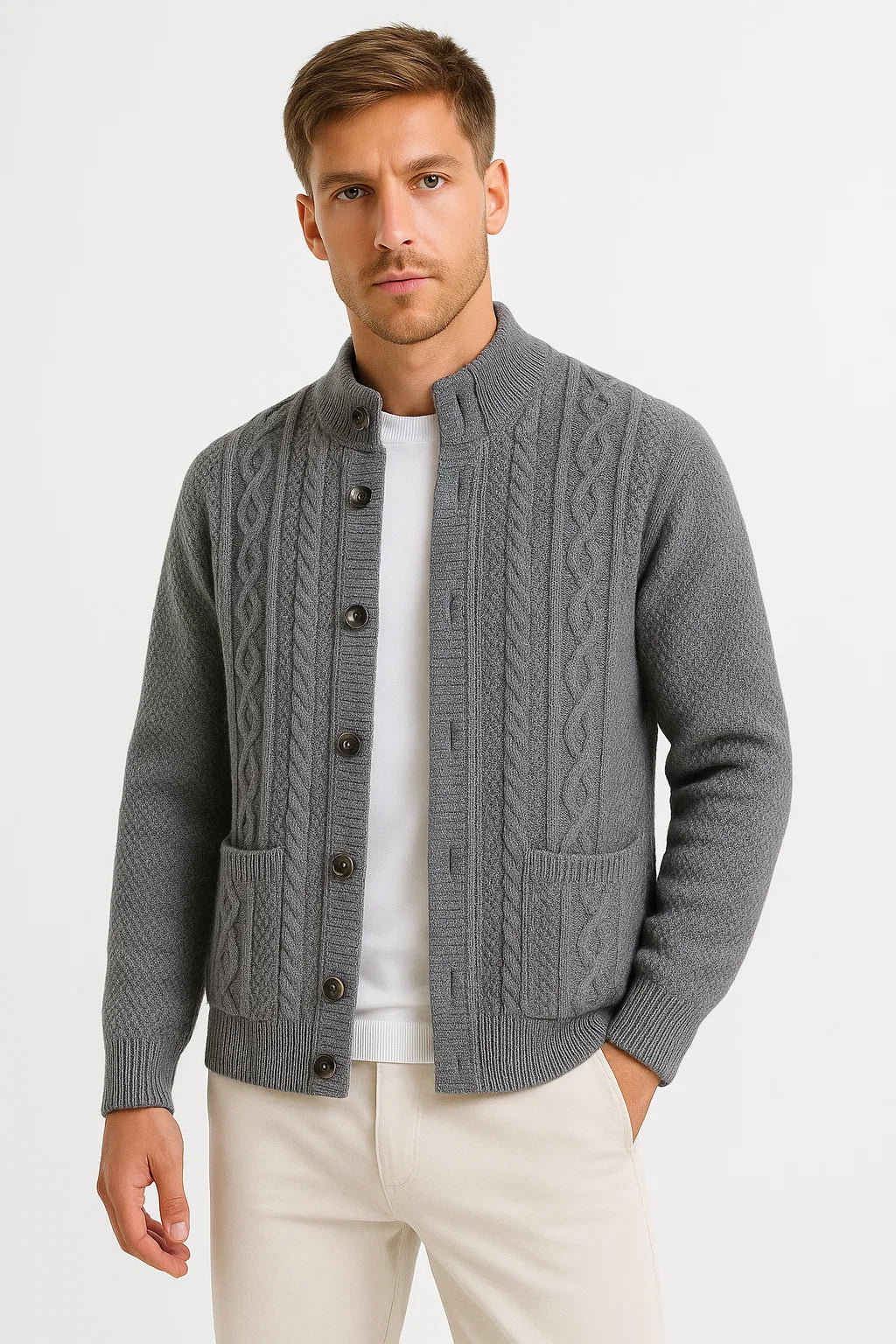 Kabelstrick Cardigan | Stehkragen | Texturiertes Jacquard