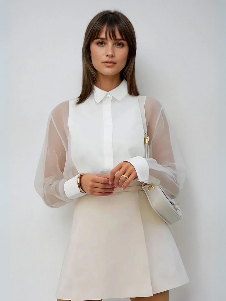 Sheer Organza Bluse | Puff Sleeve | Lapel Collar