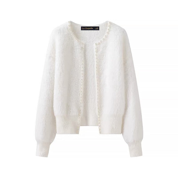Faux Mink Cardigan | Perlenbesatz | Offene Vorderseite