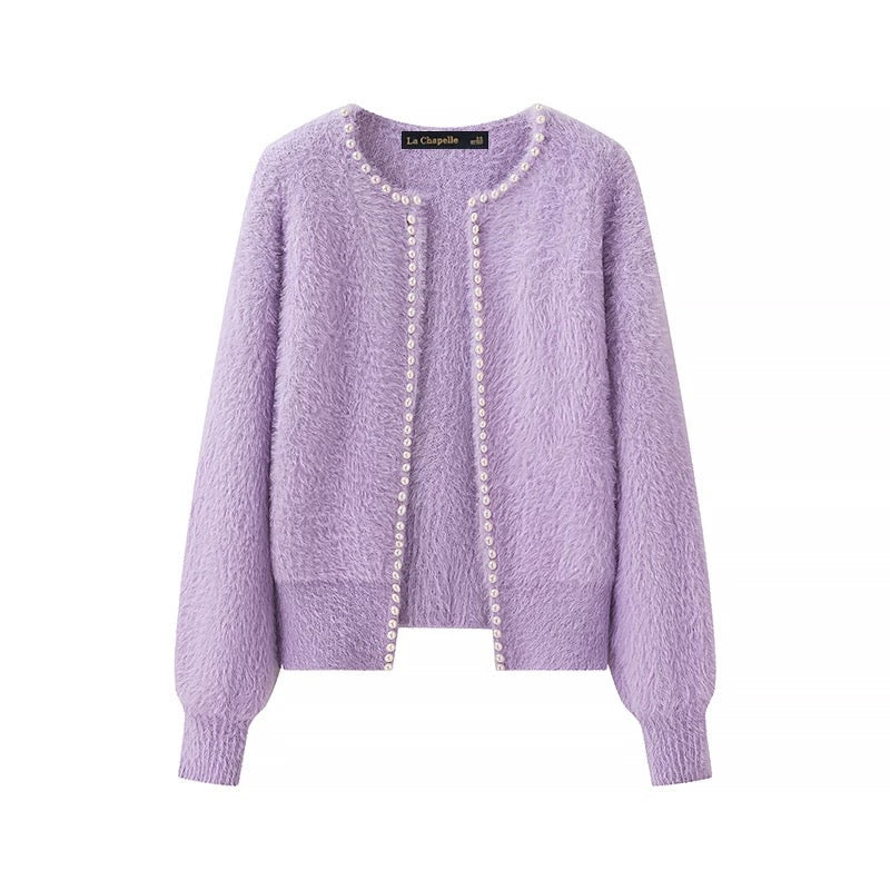 Faux Mink Cardigan | Perlenbesatz | Offene Vorderseite