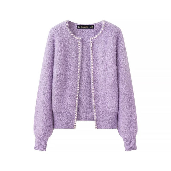 Faux Mink Cardigan | Perlenbesatz | Offene Vorderseite