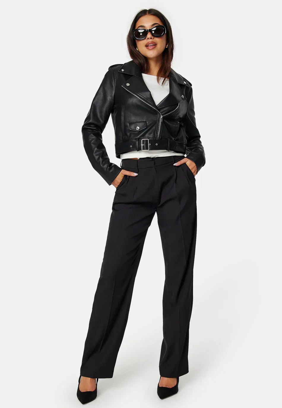 Cropped Faux Leather Bikerjacke | Gurtel Design