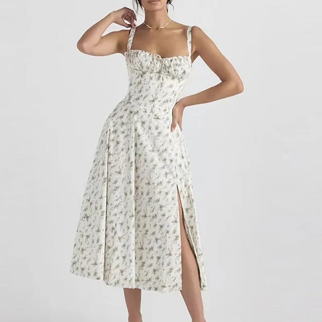 Kleid Lichtglanz Floral Corset Midi | Sweetheart Ausschnitt, Schlitzrock, Spaghetti-Träger