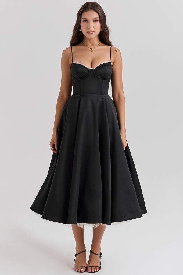 Lichtglanz Sweetheart Midi Kleid | A-Linie Silhouette | Spaghetti Träger