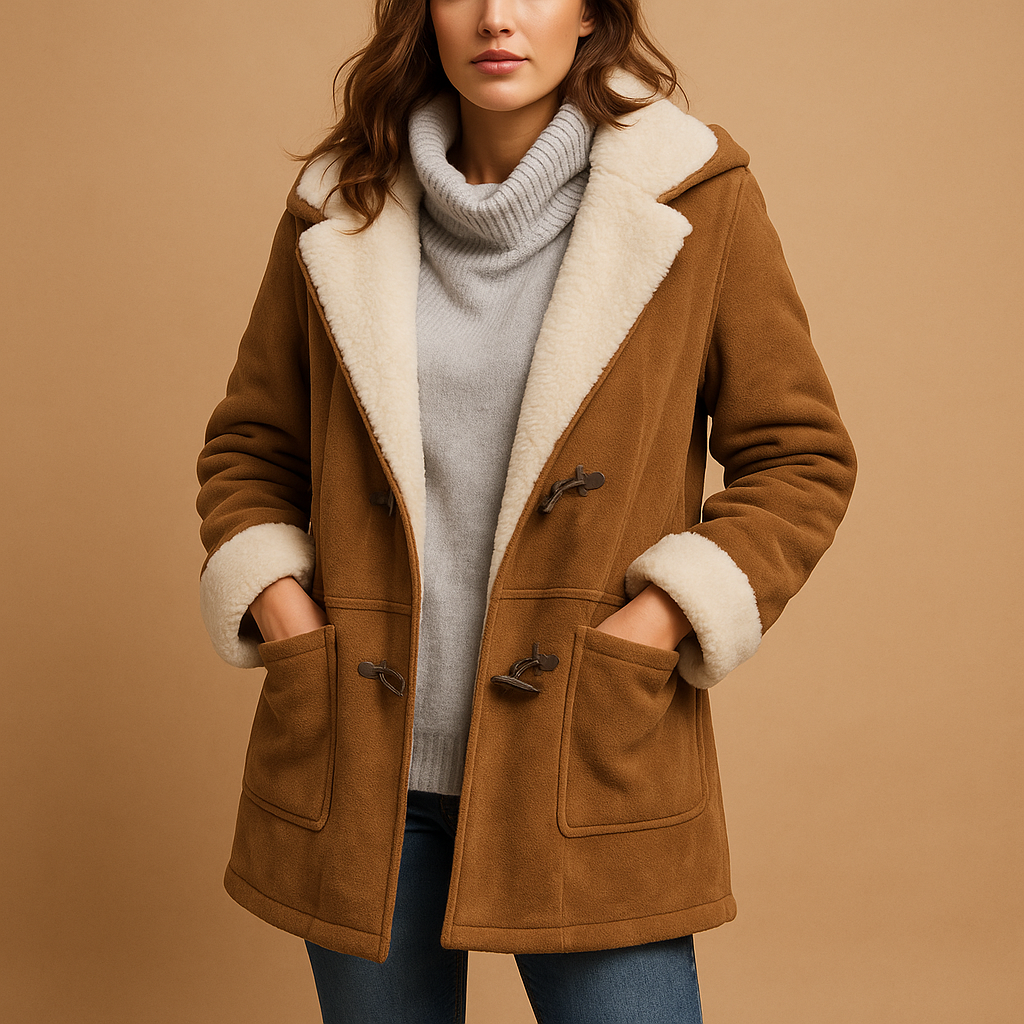 Faux Shearling Mantel mit Kapuze | Knopfverschluss | Weiches Suede-Finish