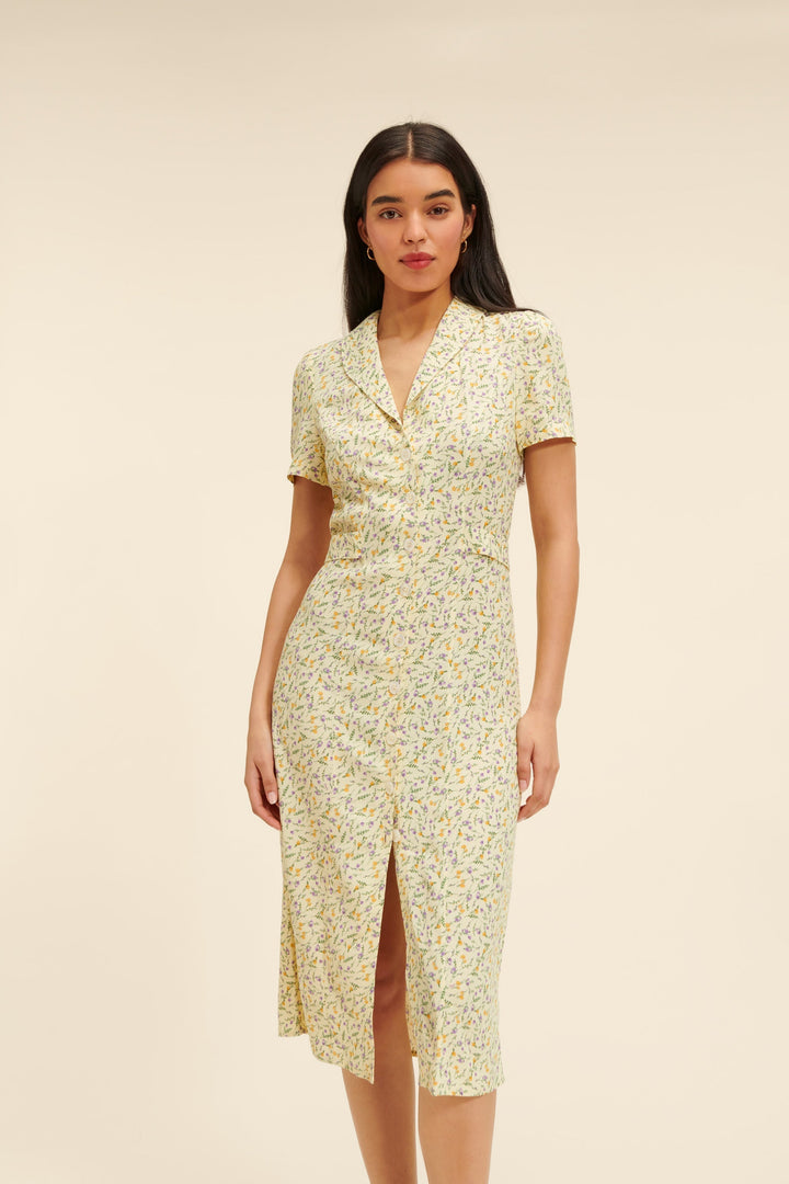 Seidenmix Blumen Midi Kleid | Knopfvorderseite | Kurze Ärmel