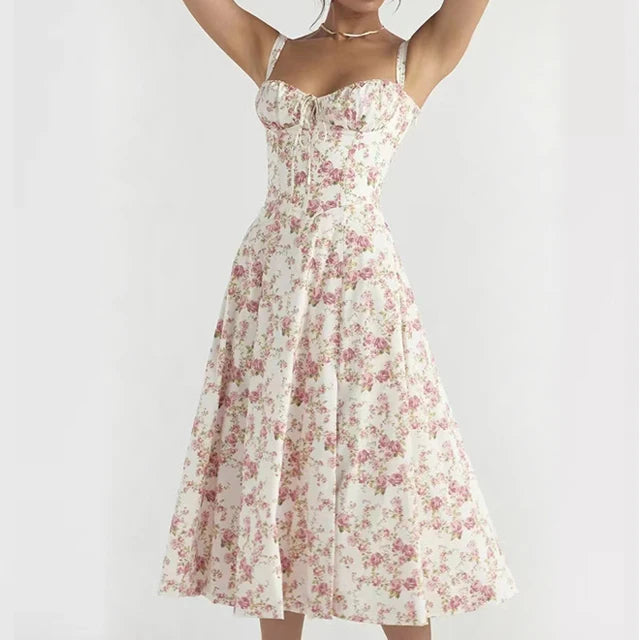 Kleid Lichtglanz Floral Corset Midi | Sweetheart Ausschnitt, Schlitzrock, Spaghetti-Träger
